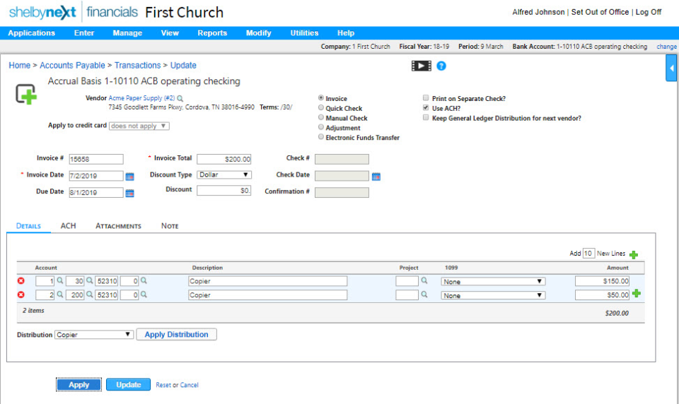 screenshot of Elexio Church Accounting